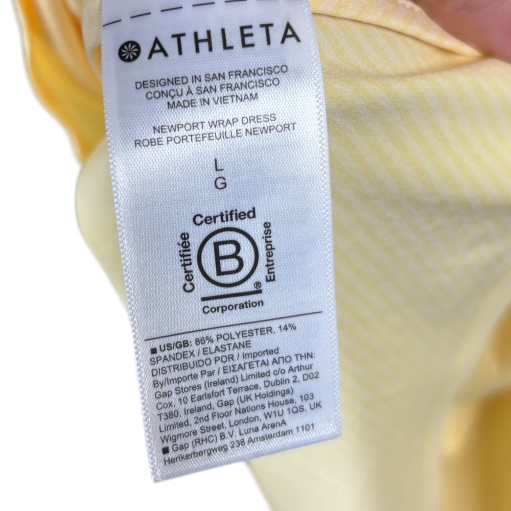 Athleta Newport Wrap Dress Yellow Pinstripe Short Sleeve Belted Midi Athletic L - Picture 9 of 9